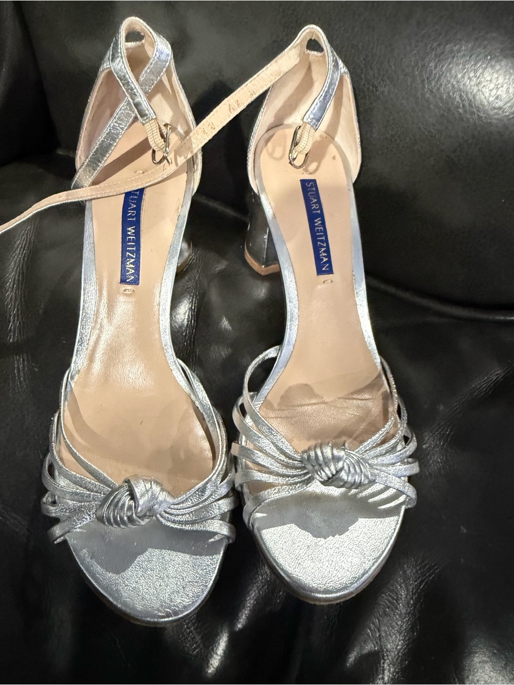 Stuart Weitzman Silver Knotted Open-Toe Ankle-Strap Heels